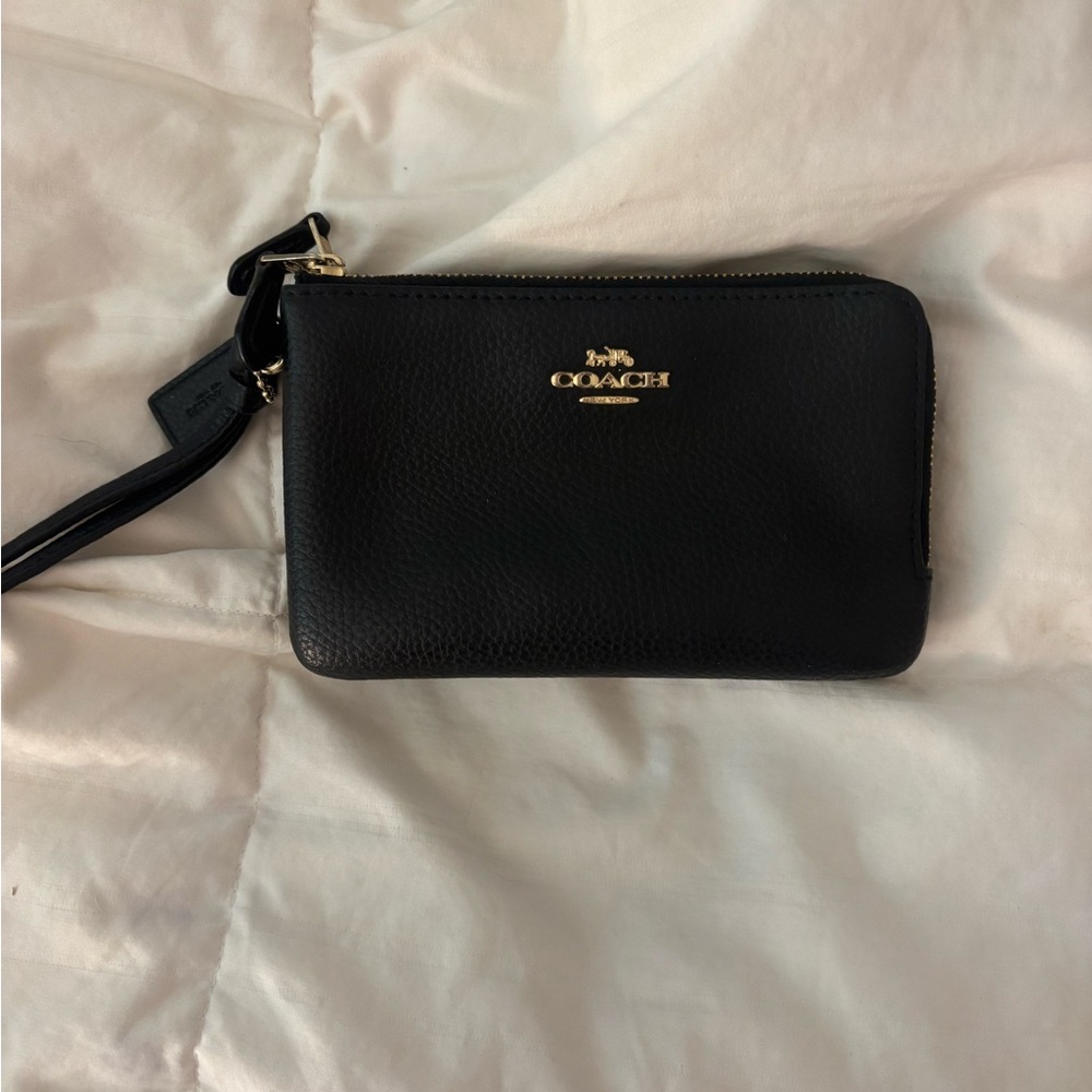 Coach Black Leather Wristlet with Gold Accents